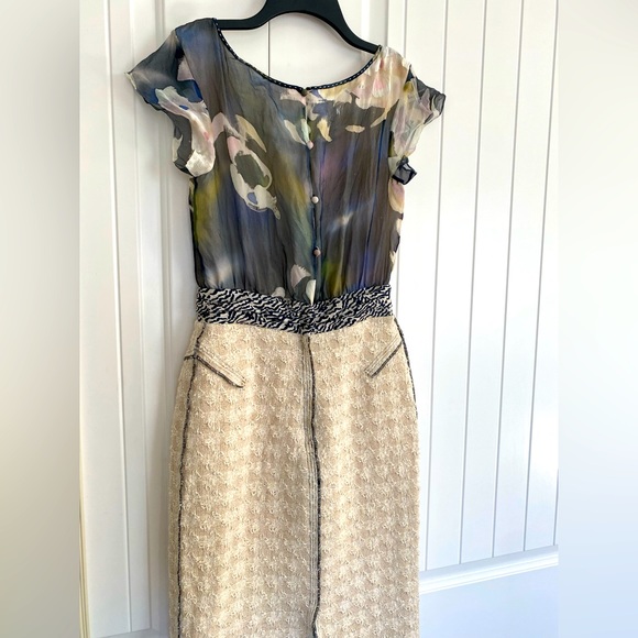 Blue Water Color Floral Silk & Lux Cream French Tweed Mixed Media Dress - Picture 7 of 8